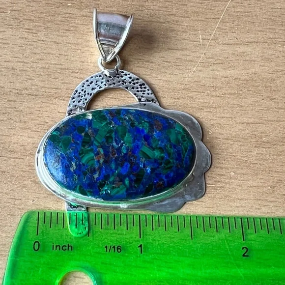 OVERSIZED STATEMENT LAPIS MALACHITE CHRYSOCOLLA PENDANT 925 STERLING SILVER